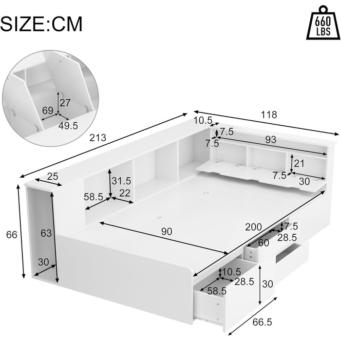 Односпальне ліжко Aoskem дитяче ліжко ліжко 90x200 ліжко з ящиками для зберігання та шафою для зберігання та книжковою полицею, де
