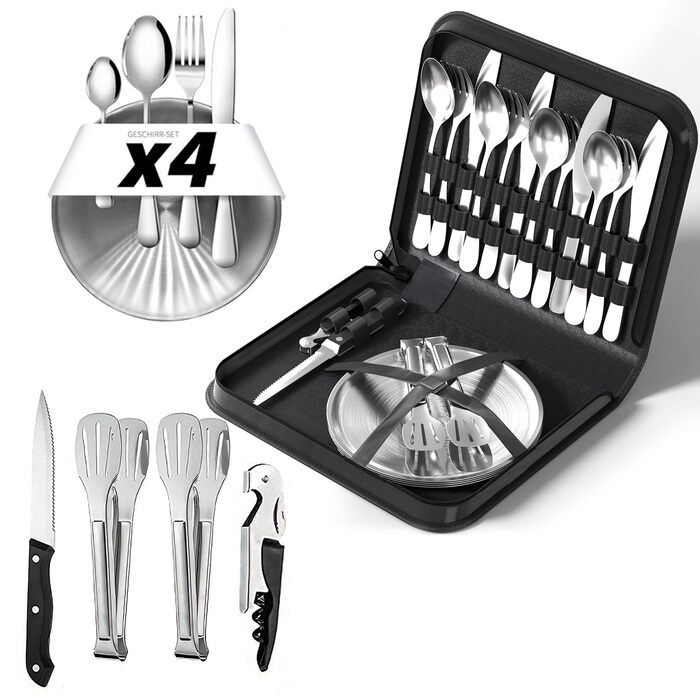 Набір посуду для кемпінгу на 4 особи, столові прибори з нержавіючої сталі (виделки, ножі та ложки), з чохлом для зберігання, портативний набір для пікніків, барбекю та відпочинку на природі