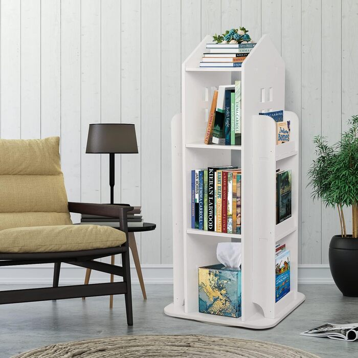 Рівнева обертова книжкова полиця для дітей, полиця, обертова полиця, біла, обертова книжкова полиця, підлогова полиця, дитяча книжкова полиця для спальні, вітальні, кабінету, 40x40x95 см, 3-