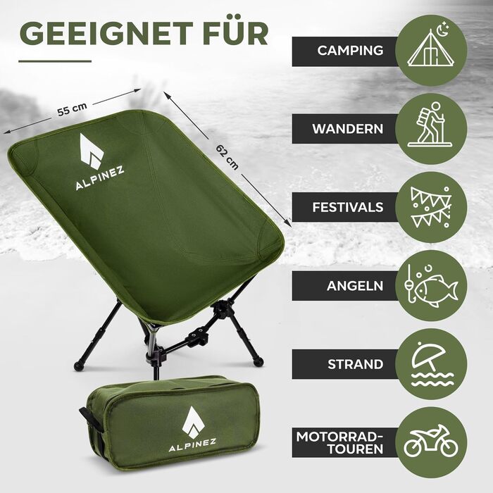 Складане крісло для кемпінгу, легке, регульоване по висоті Невеликий розмір упаковки Складане крісло для кемпінгу Ультралегке крісло для риболовлі Пляжне крісло на ніжках Зелене
