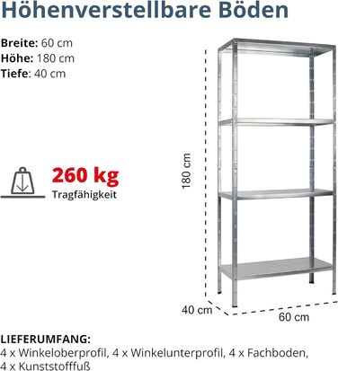 Система стелажів SCHULTE з 4 полицями PowerMAX, вантажопідйомність 65 кг, 180x60x40 см (ВxШxГ), оцинкована (полиця для зберігання, полиця для майстерні, полиця для підвалу, полиця для гаража, металева полиця)