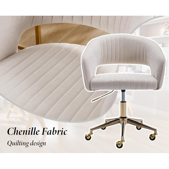 Офісний стілець з шенілу, ергономічне робоче крісло з підлокітниками, обертове крісло з колесами, туалетний стілець, регульована висота для домашнього офісу та офісу, бежевий