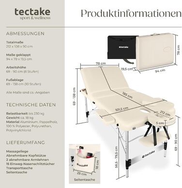 Зонний масажний стіл, складний масажний стіл, регульований по висоті алюмінієвий масажний стіл, портативне масажне ліжко з аксесуарами, підголівник, підлокітник, сумка для перенесення - бежевий. Ширина без підлокітників 78 см. Бежевий., 3-