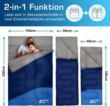 Теплий спальний мішок-мумія Active Era Professional 300, 300 г/м, двошаровий наповнювач, 3-4 сезони, для кемпінгу, походів, активного відпочинку на природі (синій), синій спальний мішок-мумія з двоспальним ліжком