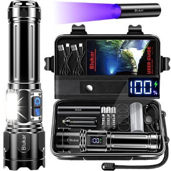 Світлодіодний ліхтарик Blukar з 2 колірними температурами, основним світлом та боковим COB-світлом, акумуляторний, надзвичайно яскравий, плавно регульований, ручний ліхтарик із можливістю масштабування, 7 режимів, водонепроникний для надзвичайних ситуацій