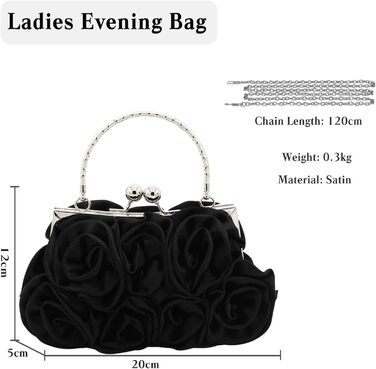 Елегантна вечірня сумочка-клатч з квітами та ланцюжком, мініатюрна сумочка на плече з атласу з застібкою поцілунок, ідеальна для весілля, банкету або випускного вечора, чорного кольору