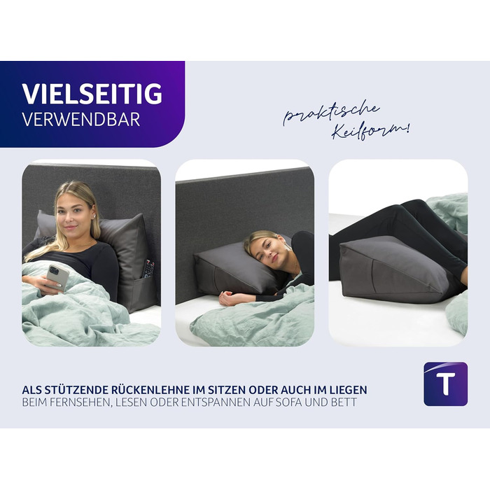 Затишна подушка для спини Traumnacht, подушка для читання, 70 x 40 см темно-сірого кольору, знімна, чохол, який можна прати, виготовлений зі 100 поліестеру, практична бічна кишеня, сертифікована Oeko-Tex, виготовлена за німецькими стандартами якості. Темн