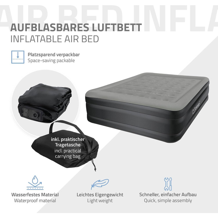 Надувний матрац ML-Design для 2 осіб 203x157x47 см сірого кольору, сертифікований TV, самонадувальний надувний матрац з електричним повітряним насосом 230 В, надувний матрац для кемпінгу, гостьове ліжко, двоспальне ліжко сумка для перенесення, сірий