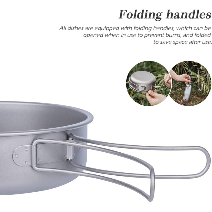 Титановий набір посуду миски, тарілки, кемпінгові горщики, сковорідки зі складними ручками, портативний набір для приготування їжі на відкритому повітрі, легкий посуд Bercher 350 мл 500 мл 600 мл 700 мл 800 мл, горщики, сковорідки, 5 шт. /партія Ti1096T