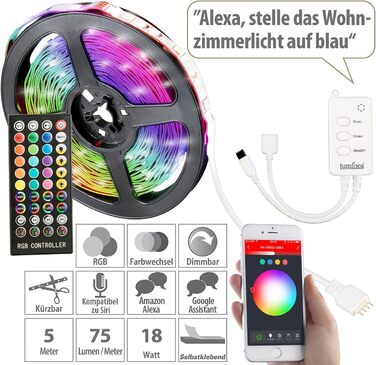 Світлодіодна стрічка Luminea Home Control світлодіодна стрічка WLAN RGB з керуванням звуком, додаток, голосове керування, 5 м (світлодіодне скляне освітлення підлоги, світлодіодна стрічка WiFi, освітлення шафи)