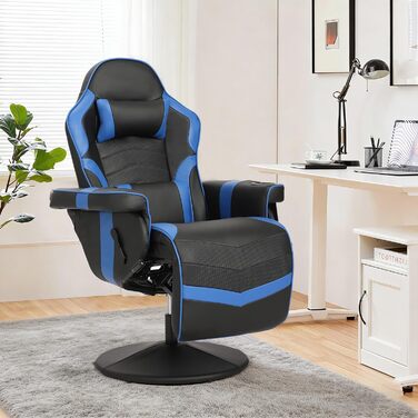 Геймерське крісло з функцією масажу, регульоване по висоті ігрове крісло з висувною підставкою для ніг та підсклянником, ергономічне офісне крісло з підголівником, поворотне гоночне геймерське крісло (синє)