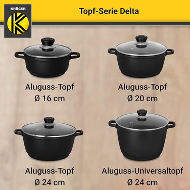 Лита алюмінієва каструля Krger Delta зі скляною кришкою - 16 см - каструля для приготування здорових та нежирних страв - підходить