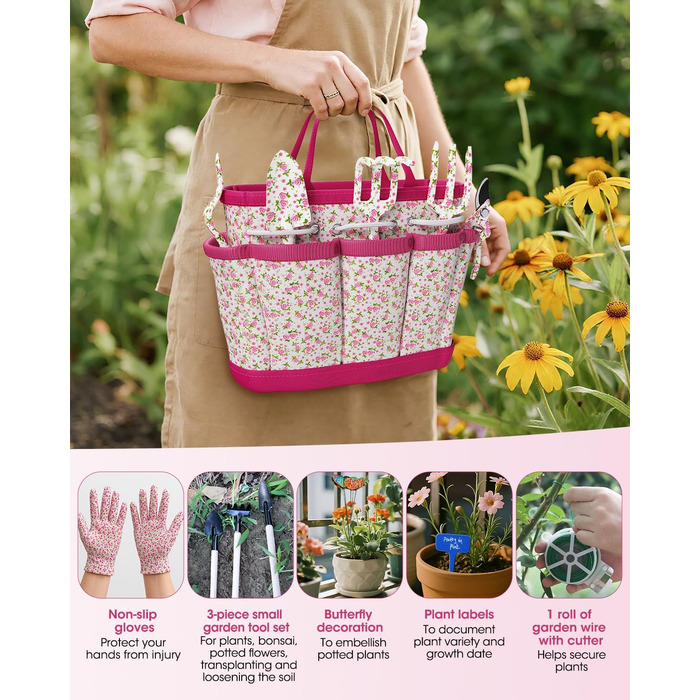 Набір садового інструменту для жінок, 26 предметів, у квітковому стилі ідеальний подарунок для садівництва В комплекті рукавички, сумка для зберігання, садові аксесуари, декоративні метелики та яскраві бирки для рослин.