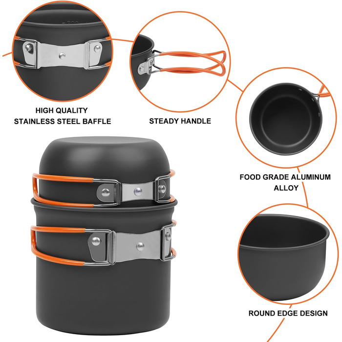 Набір посуду для кемпінгу, 8-предметний набір посуду для кемпінгу з міні-газовою плитою та столовими приборами, кемпінговий посуд для 1-2 осіб, пікніки на свіжому повітрі, походи (8-предметний набір)