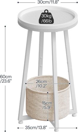 Круглий бічний столик HOOBRO, маленька тумбочка, сучасний диван-столик, журнальний столик з піднятим краєм та бежевим тканинним кошиком, для невеликих приміщень, вітальні, гуртожитку, білий EWW183BZ01