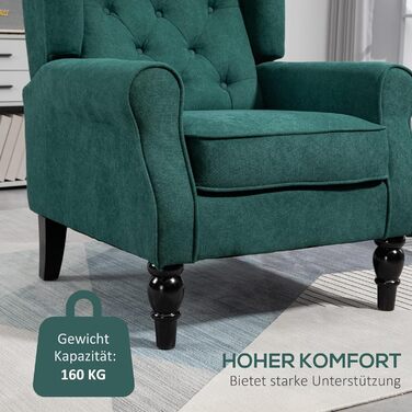 Крісло HOMCOM, крісло з відкидною спинкою та подушками, з м&39якою оббивкою, висока спинка, дерев&39яні ніжки, розслаблююче крісло для вітальні, спальні, темно-зелена тканина з імітацією льону