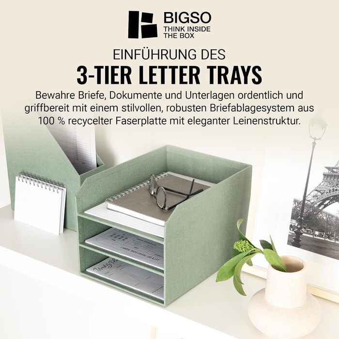 Трирівневий лоток для листів BIGSO Trey Практична поверхня для зберігання листів та документів формату DIN A4 Система організації з ДВП з папером під лляну тканину М&39ятно-зелений, м&39яко-бірюзовий C16