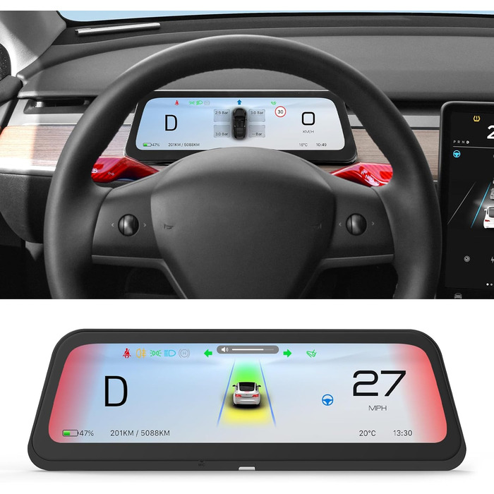 Для Tesla Model Y (2019-24) та Model 3 (2017-23) 9,66-дюймове антиблікове покриття, попередження про сліпі зони, барвисте підказування смуги руху/динамічний світловий ефект, бездротовий CarPlay/Android Auto, синхронізація даних