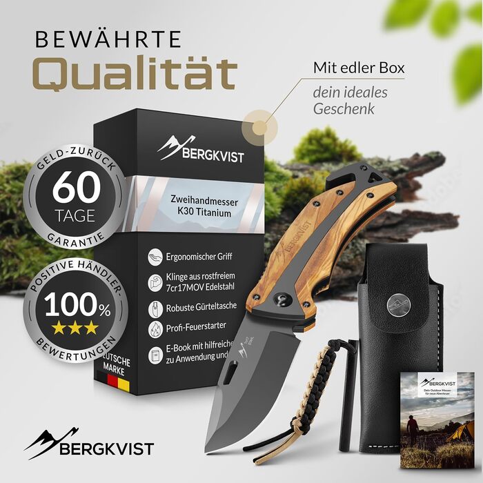 Складаний ніж (дворучний) - Дозволено носіння в Німеччині - Кишеньковий ніж 3-в-1 для відпочинку на природі, кемпінгу та виживання