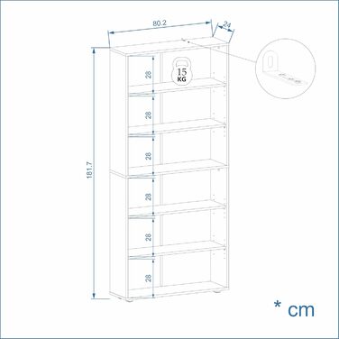 Полиця 80 см завширшки Біла - Книжкова полиця з 6 рівнями та полицями з регульованою висотою, окремостояча полиця, полиця для зберігання Книжкова полиця Lumo 80 x 180 x 24 см (Ш x В x Г) 6 рівнів (80Ш x 180В x 24Г) Біла