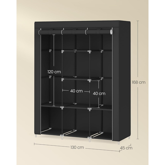 Шафа, Вішалка для одягу з нетканим покриттям, Підвісні рейки, Полиці, 45 x 130 x 168 см, Велика місткість, для спальні, вітальні, Чорнильно-чорний RYG096B01 Чорний 130 x 46 x 168 см