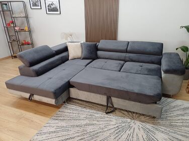 Кутовий диван Aston з функцією сну та відділенням для зберігання речей, вітальня, L-подібний диван з відділенням для зберігання речей, L-подібної форми, диван з функцією сну (темно-сірий/сірий, шезлонг ліворуч) Темно-сірий / сірий, шезлонг ліворуч