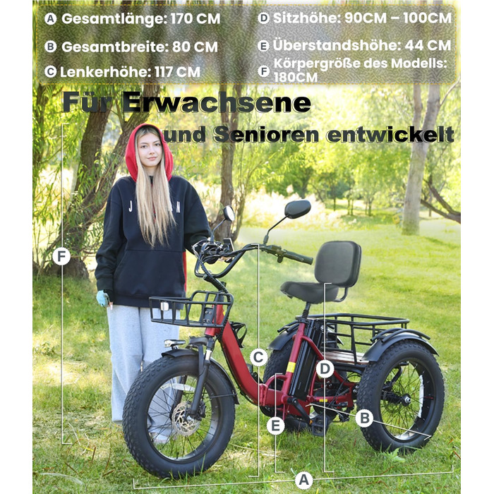 Електричний триколісний велосипед KAKIGO для дорослих, товсті шини 20x4, складаний алюмінієвий електровелосипед, двигун 250 Вт, 65 Нм, акумулятор 48 В 15,6 Аг, 25 км/год, передній та задній кошики, диференціал, запас ходу 90 км, червоний, з тримачем для т