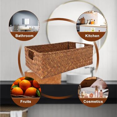 Набір кошиків для зберігання морської трави з 2 предметів, плетений кошик для зберігання, 34x23x11 см, квадратний плетений кошик, плетені кошики для спальні, ванної кімнати, комори