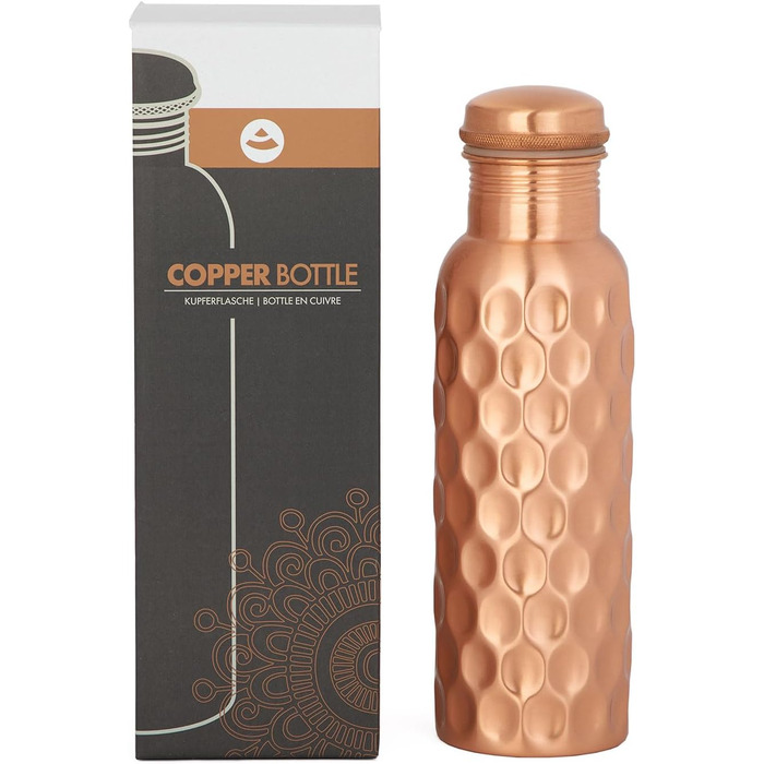 Мідна пляшка Bodhi Аюрведична пляшка для води з чистої міді Пляшка з дизайнерським оздобленням Об&39єм 800 мл Пляшка для води з кришкою-гвинтом та силіконовою пломбою Діамантовий дизайн, кований