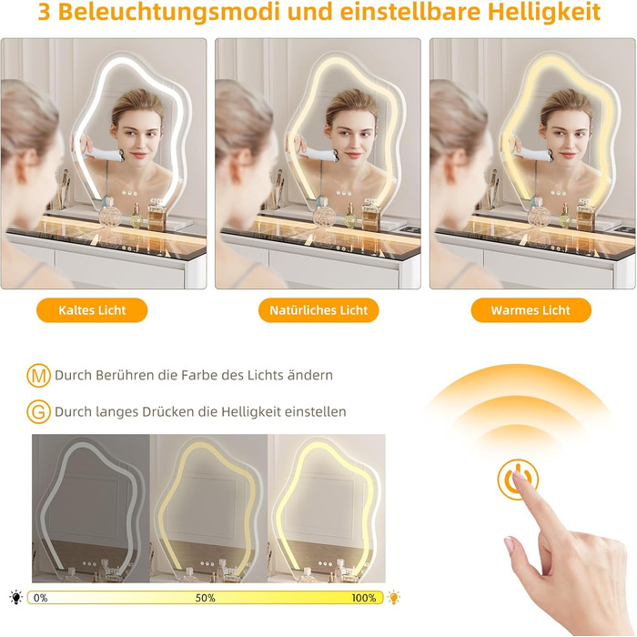 Туалетний столик з регульованим світлодіодним освітленням, туалетний столик з дзеркалом, туалетний столик з 5 шухлядами, кутовий туалетний столик, L-подібний трансформер, кутовий туалетний столик зі скляною стільницею, білий стиль А