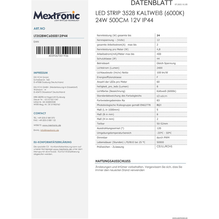Світлодіодна стрічка Mextronic LED 3528 Холодне біле світло (6000K) 24W, 500 см, 12V, IP44