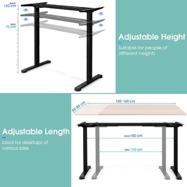 Електрична настільна підставка LIFEZEAL з регульованою висотою, рама столу з 2 двигунами та функцією захисту від зіткнень, рама столу з регульованою шириною та довжиною (чорна)