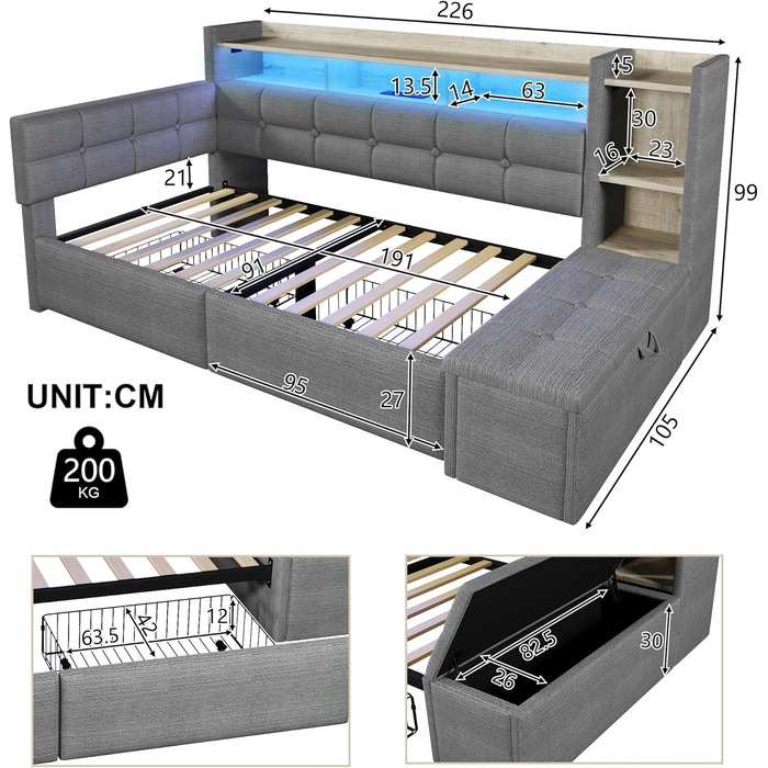 Кушетка, диван-ліжко, 90190 см, з двома шухлядами, портами USB та Type-C, відділенням для зберігання речей, лавкою для зберігання речей у нижньому кінці, світлодіодною стрічкою, без матраца, оксамит (темно-сірий)