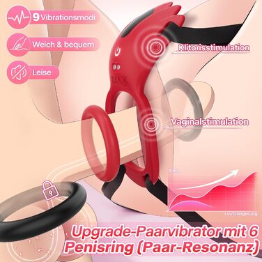 Вібратор Tagnaff, з 6 ерекційними кільцями та стимуляцією клітора, червоний, силікон