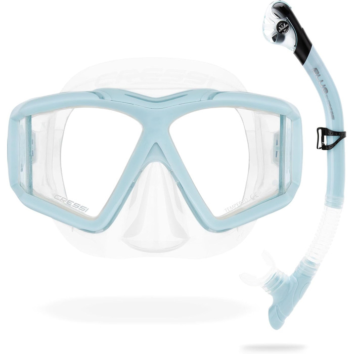 Маска унісекс для дайвінгу та сноркелінгу з 4 окремими загартованими лінзами або комплект маскасноркель Scilla Top Dry Combo для необмеженого кругового огляду Combo Clear/Ice Blue