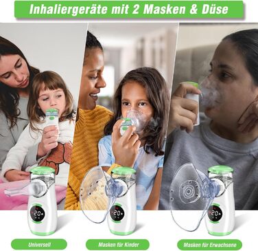 Інгалятор з цифровим дисплеєм, інгалятор для дорослих та дітей, інгалятор-небулайзер з маскою та мундштуком, надлегкий, маленький, зручний для перенесення, зелений