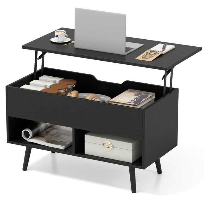 Журнальний столик COSTWAY з регульованою висотою, диван-столик з підйомною стільницею та 2 відкритими полицями, розсувний дерев&39яний журнальний столик для вітальні, офісу, 80 x 40 x 46-60 см (чорний)