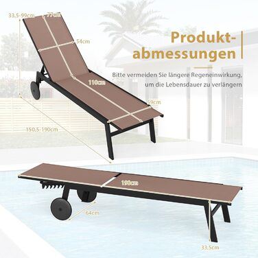 Комплект із 2 предметів Шезлонг на колесах, Садовий шезлонг з регульованою спинкою та швидковисихаючою тканиною, Шезлонг на колесах витримує до 150 кг, Шезлонг для саду, балкону, тераси (коричневий) 2 коричневих