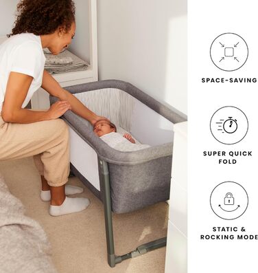 Міні-гойдалка Ickle Bubba Компактне складне дитяче ліжечко з матрацом, режимами гойдання та статичного режиму, сітчастими вставками для повітропроникності ідеально підходить для невеликих приміщень та подорожей (колір космічний сірий)