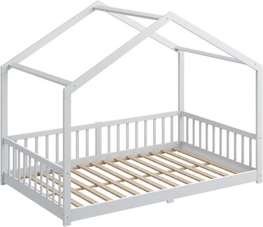 Дитяче ліжко CADANI Malte 120x200 см Ліжко-будиночок зі знімними захисними поручнями, вантажопідйомність до 200 кг, висувна рейкова основа, ліжко Монтессорі з масиву сосни, білий колір 120x200 см