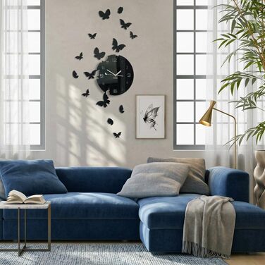 Сучасний настінний годинник FLEXISTYLE Метелики, круглий, 30 см, комплект із 15 метеликів, для вітальні, спальні, дитячої кімнати, вироблено в ЄС (чорний)