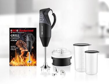 Ручний блендер ESGE Wand M 200 BBQ 98215 чорний, ручний блендер, ручний міксер, професійний, включаючи аксесуари, до 17 000 об/хв, 200 Вт, ергономічний дизайн ручки, подвійний перемикач, центрування, що застібається, двигун змінного струму