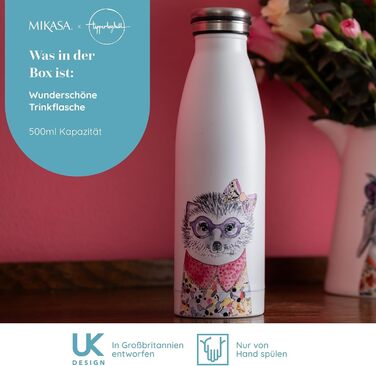 Пляшка для води Mikasa Tipperleyhill, нержавіюча сталь, ізольована, для використання в дорозі, двостінна пляшка для пиття, зберігає напої гарячими протягом 12 годин і холодними протягом 18 годин, кумедна ілюстрація свині, лише ручне миття, 500 мл