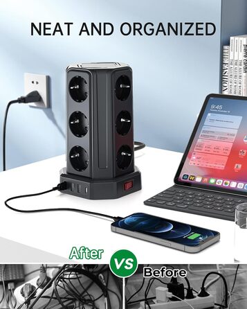 Шляхова розетка на 4000 Вт 16 А з подовжувачем 5 м, 3 розетки USB A і 1 розетка USB C із захистом від перенапруги, розетка для дом