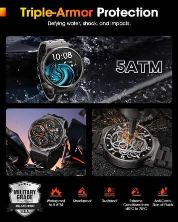 Чоловічий військовий смарт-годинник з великим HD-дисплеєм 1,92 дюйма, акумулятором 1000 мАг, фітнес-годинник з понад 120 спортивними режимами, водонепроникністю 5 атм, функцією телефону, пульсометром, монітором сну, спортивним годинником для iOS та Androi