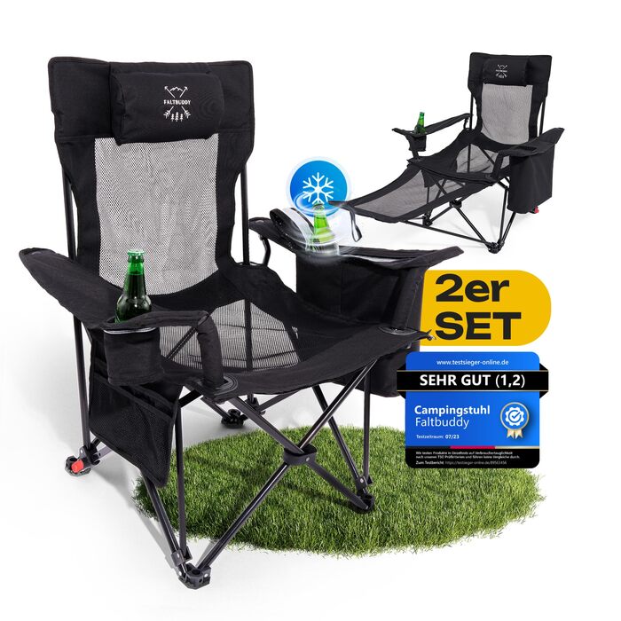 Комплект із 2 складних кемпінгових стільців та шезлонгів 2-в-1 180 кг Сумка-холодильник XXL Малий розмір упаковки Рибальське крісло, кемпінгове крісло, пляжний шезлонг, складне, легке сонцезахисне крісло - для кемпінгу, пляжу, фестивалю, активного відпочи