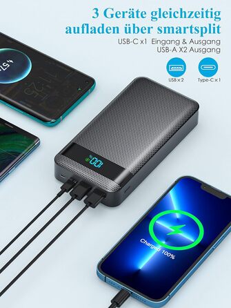 Зовнішній акумулятор для мобільного телефону Power Bank 26800mAh 22.5W PD20W швидка зарядка Powerbank USB C зі світлодіодним дисплеєм 3 виходи і 2 входи Портативний зарядний пристрій для смартфонів