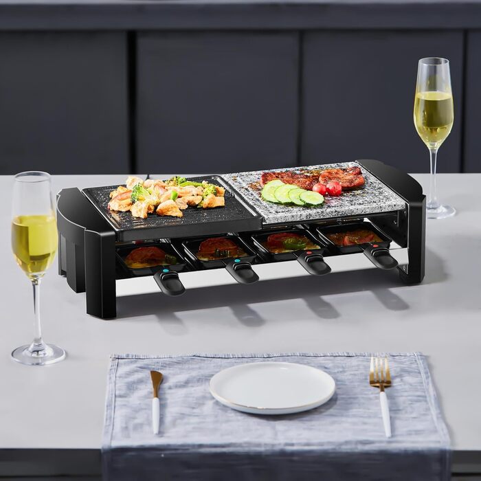 Раклет гриль 8 чол. Прилад для раклету Раклет гриль Вечірка Гриль Електричний гриль Настільний гриль Твердий натуральний камінь І пластина для гриля з покриттям 1300 Вт Нагрівальний елемент з нержавіючої сталі