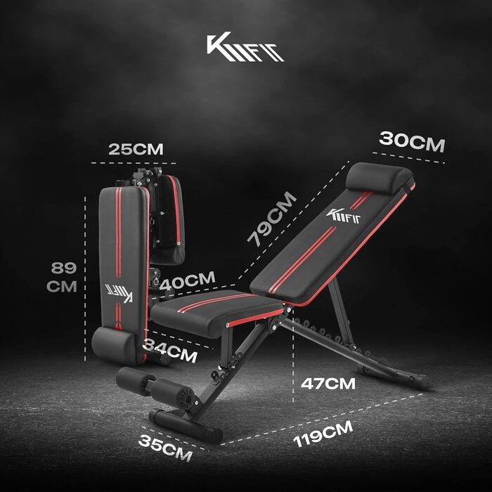Складана силова лава KM Fit, багатофункціональна тренувальна фітнес-лава Регульована спинка у 6 положеннях Регульоване сидіння у 3 положеннях Повітропроникна поверхня з EVA Вантажопідйомність до 400 кг