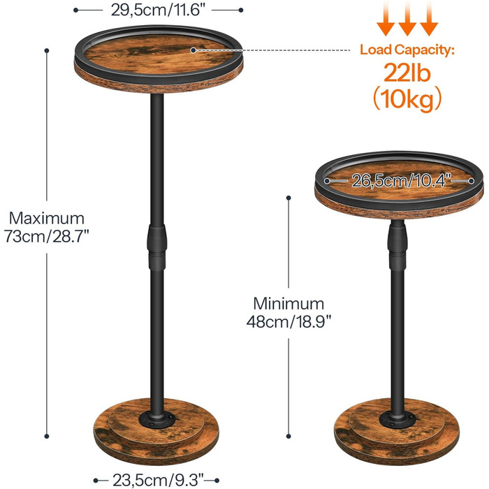 Невеликий круглий приставний столик, регульована висота, приставний столик до дивана, столик для напоїв з нековзними ніжками, столик для дивана, тумбочка, для вітальні та спальні, вінтажний коричневий та чорний EBF268BZ01